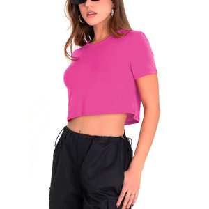 INDEX APPAREL Women's Pink Crop <b>Top</b> Crew Neck Short Sleeve Solid Color Casual Knitted Cotton T-Shirt Spring Summer Wear - Product Image 6