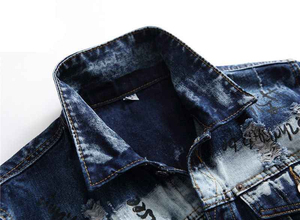 2026 Fashionable Casual Hand Drawn Letter Print Reversible Knitted Cotton Washed <b>Denim</b> <b>Jacket</b> Spring Style Men's <b>Jacket</b> - Product Image 2