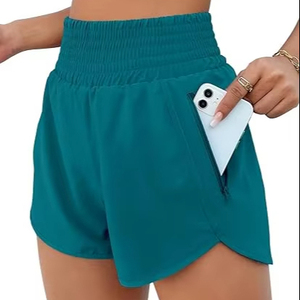 Shorts de sport pour femmes à taille haute, couleur unie, tricotés, séchage rapide, avec poches, vert turquoise, shorts de sport athlétiques - Product Image 3