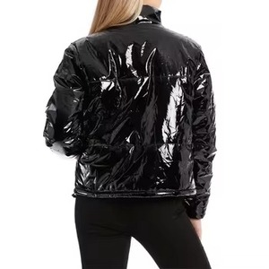 Women's Black PU Coated Quilted Jacket Full Sleeve <b>Stand</b> Collar Zipper Closure Winter Short Style - Product Image 3