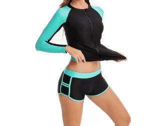 Women's Black and Teal Color Block Long Sleeve Rash Guard with Zipper Front Sport <b>Top</b> for Training Spring Summer Wear - Product Image 2