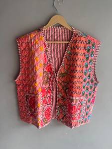 Floral <b>Quilted</b> Cotton Vest V-Neck Patch Pocket Reversible Striped <b>Pattern</b> Women's <b>Jacket</b> Spring Style GIFT FOR HER - Product Image 1
