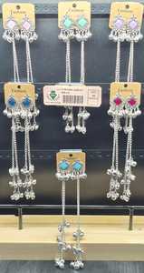 Silver Plated Square Enamel <b>Stud</b> Drop <b>Earrings</b> Pastel Stone Accent Long Hanging Ghungroo Ear Support <b>Chain</b> Set Wholesale - Product Image 4