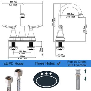Rubinetto da Bagno a 2 Maniglie da 4 Pollici in Nichel Spazzolato con Scarico a Scomparsa e Tubi di Alimentazione, Accessori per Rubinetti Lavabo - Product Image 3