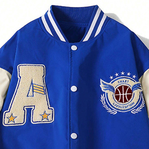 Veste universitaire bleue pour femme, manches longues, col rabattu, simple boutonnage, broderie lettre A, logo basketball, tenue d'automne - Product Image 1