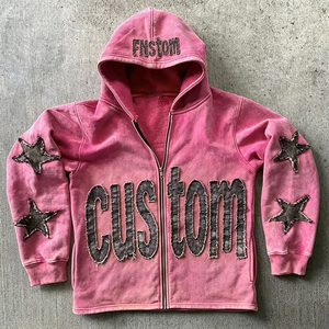 Winter Men's <b>Hoodies</b> Custom Logo <b>500</b> <b>Gsm</b> Heavyweight Thick Cropped Zipper Vintage Acid Wash Distressed Embroidered Patch Hoodie - Product Image 3