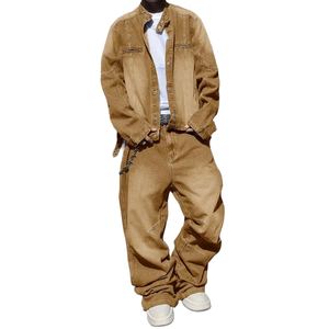 Ensemble streetwear de qualité supérieure pour homme, personnalisé, en denim brut délavé bleu, veste et jean baggy, pour l'hiver - Product Image 1