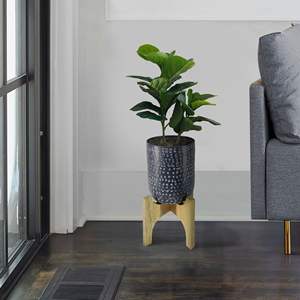 Alex Pot de fleurs industriel rond en métal martelé de 8 pouces avec support en arc en bois Bleu nuit-pour ornements de jardin - Product Image 2