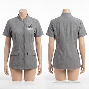 Veste de barbier pour femme 220 GSM en polycoton premium, design à panneaux gris, broderie personnalisée, impression sérigraphique, logo par transfert thermique - Product Image 1