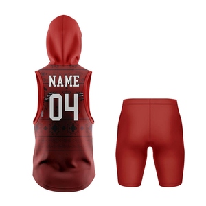 Custom Red Hooded Tank Top and <b>Compression</b> <b>Shorts</b> Set with Geometric Print and Quick Dry Fabric for Adults Unisex Athletic Wear - Product Image 2
