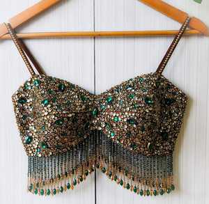 COTTON COUTURE Débardeur bustier pour femme, orné de perles et de paillettes, vert émeraude, à franges, style corset bralette, motif géométrique, sexy - Product Image 5