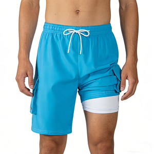 Men Quick Dry Cargo Shorts with Pockets Drawstring <b>Mid</b> Waist Bermuda Swim Polyester/Cotton Knitted Solid Blue Casual Summer Wear - Product Image 2