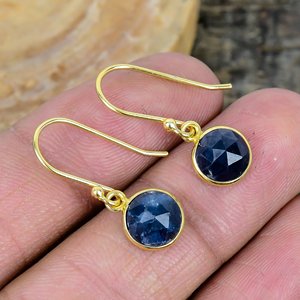 Natural Blue Sapphire Round Shape Gemstone Handmade <b>Hook</b> <b>Earring</b> 18k Gold Micron Over 925 Sterling Sliver - Product Image 3