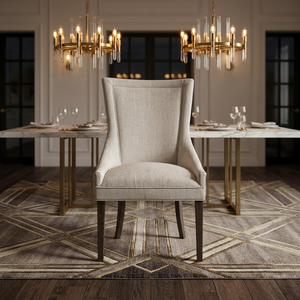 Silla de Comedor Transicional con Respaldo Alto y Forma de Ala, Tapizada en Lino Beige con Patas de Madera - Product Image 6
