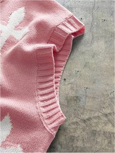 Pink Knitted Sleeveless Crop <b>Top</b> With White Cross Print <b>Fringe</b> Detail Gothic Style Oversized Pullover Unisex Autumn Wear - Product Image 2