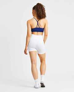 Women's Blue <b>White</b> <b>2</b> <b>Piece</b> Sports <b>Set</b> Halter Crop Top High Waist Shorts Solid Color Knitted Breathable Summer Wear - Product Image 4