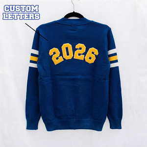 Custom OEM ODM Women Knitted Sorority Varsity <b>Cardigan</b> <b>Sweater</b> Anti-Wrinkle Royal Blue White Gold Striped Sleeves Button - Product Image 2