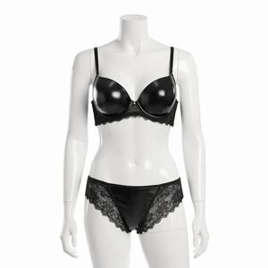 Conjunto de sujetador con aros y bikini de cuero negro para mujer con ribete de encaje, lencería push-up de copa completa, dos piezas - Product Image 4