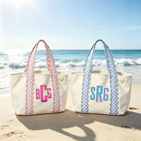 Sac fourre-tout en toile personnalisé pour femme avec fermeture éclair, motif Gingham, idéal pour l'été et la plage, vente en gros