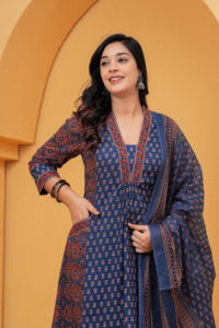 Latest <b>Women</b> Navy Blue Ethnic Printed <b>Kurta</b> Set with Dupatta | Traditional Indian Ladies Suit - Product Image 4