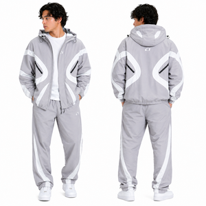 Hot Selling Customized <b>Light</b> Grey Reflective Tracksuit Men’s Hooded Windbreaker Set Premium Activewear OEM Bulk Hoodies Supplier - Product Image 1