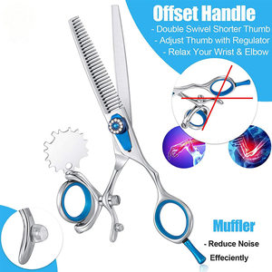Ciseaux professionnels à effiler les cheveux en acier inoxydable avec poignées bleues et trous ronds pour les doigts, pour usage en salon - Product Image 5