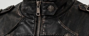 Men's Black Leather <b>Jacket</b> With Double Breasted Zipper Closure Stand Collar - Product Image 2