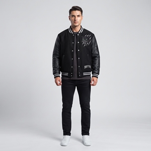 <b>Mens</b> Embroidered <b>Leather</b> Sleeve <b>Bomber</b> Jacket Custom Streetwear Fashion Jacket - Product Image 2