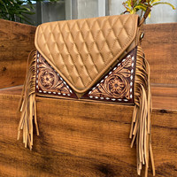 Tas amplop selempang pinggiran kulit Tooled tangan trendi pola selimut desainer grosir untuk tas bahu kisi berlian wanita