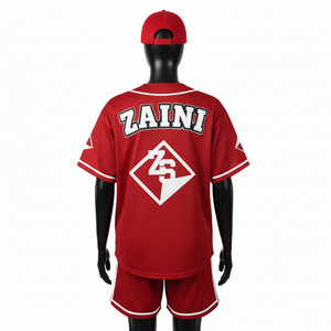 Ensemble short de baseball pour femme en tissu mesh polyester respirant, design à panneaux avec passepoil rouge et blanc, logo personnalisé en twill. Ensembles pour femmes. - Product Image 2