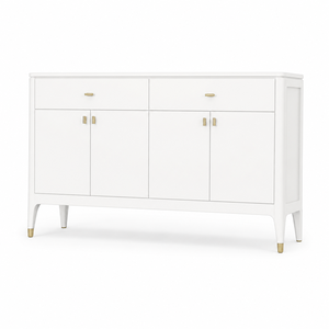 Buffet moderne en bois massif blanc avec quincaillerie dorée, 4 portes, 2 tiroirs, console de rangement pour salon et salle à manger - Product Image 2
