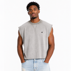 T-shirt sans manches délavé à l'acide, coupe ample en molleton bouclette premium, ourlet brut, pour hommes, vente en gros, marque privée, impression de logo personnalisée OEM - Product Image 1