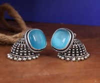 Boucles d'oreilles pendantes Jhumka vintage en laiton et alliage de zinc, finition argent oxydé, serties de pierres Monalisa œil de chat carrées et coussinées, vertes et bleues, pour soirée