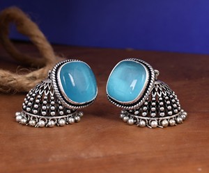 Vintage <b>Oxidized</b> Silver Jhumka Earrings Cat Eye Stone Statement Earrings Green Blue Ethnic Jewelry - Product Image 6