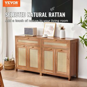 Set di 2 Mobili Contenitori Regolabili in Rattan, Credenza con 4 Ante Magnetiche e 2 Cassetti per Bar - Product Image 2
