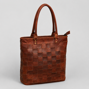 Handmade <b>Brown</b> Tote Bag Vintage Basket Weave Shoulder with Top Handle Zipper and Brass Rivets - Product Image 2