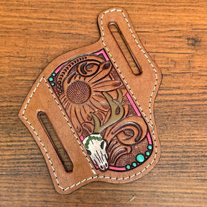 Étui de couteau usiné à la main Portable gaine de couteau en cuir véritable pour couteaux à lame fixe/pliante gaine florale pour ceinture pour unisexe - Product Image 2