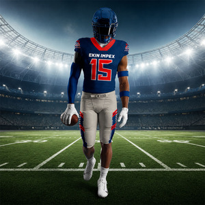 Uniforme de football américain personnalisé sublimé, bleu marine et rouge, style professionnel, avec pantalon rembourré intégré gris, vente en gros pour équipes - Product Image 3