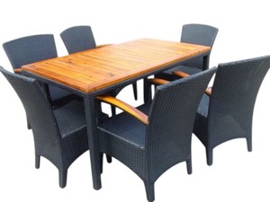 Ensemble de jardin en rotin d'extérieur 6 places, table en teck avec coussins blancs, résistant aux intempéries, design contemporain - Product Image 5