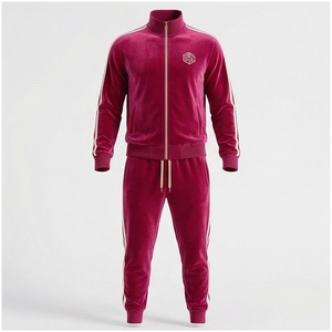 Ensemble de survêtement bordeaux pour homme, manches longues, col montant, fermeture éclair sur le devant, logo, couleur unie, respirant, coupe décontractée, vêtement d'automne - Product Image 1