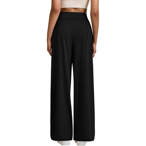 Pantalon pour femme noir à jambes larges, taille haute, élastique, plissé, coupe ample, longueur complète, décontracté, avec poches, couleur unie - Product Image 2