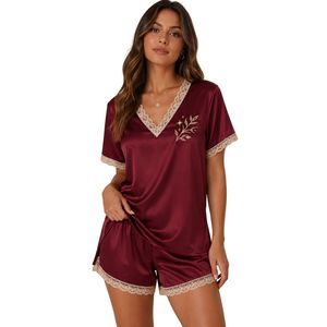Ensemble de pyjama en satin bordeaux pour femme, haut à manches courtes et short à col en V avec dentelle, vêtements de nuit doux, vêtements de détente, fabrication sur mesure OEM ODM - Product Image 1