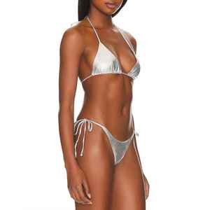 Sexy Solid Color Ruffled Backless Two Piece Women Beach Wear <b>Bikini</b> <b>Set</b> Custom Logo High Quality & Breathable - Product Image 5