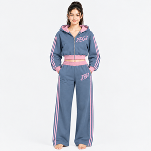 Women's 2 Piece Tracksuit Set <b>Cropped</b> Zip Hoodie Wide Leg Sweatpants Side Stripe Sporty <b>Jogger</b> Set Black Red - Product Image 4
