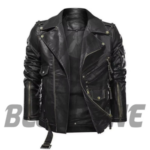 Men's Black PU <b>Leather</b> Moto <b>Jacket</b> Turn-down Collar Zipper Closure Slim Fit Autumn <b>Winter</b> Wear - Product Image 2