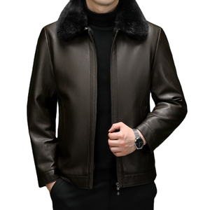 Custom Handmade Vintage <b>Jacket</b> for <b>Men</b> High Quality Collar Full Zip Button Sheepskin Leather <b>Men's</b> <b>Jackets</b> with Cotton Shell - Product Image 1
