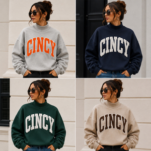 Sweat-shirt à col montant en molleton premium 350 GSM avec appliques personnalisées, patchwork en chenille et imprimé Cincy, pour tenues de campus, de collège et de tous les jours en automne - Product Image 5