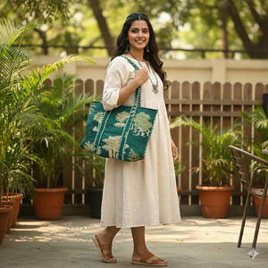 Sac fourre-tout en coton matelassé motif arbre vert émeraude, fait main, pour femme, à porter à l'épaule, réutilisable, grande capacité, pliable, ouvert - Product Image 2