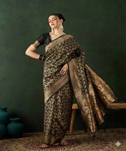 NOUVELLE ARRIVÉE Saree en Soie Lichi avec Pallu Riche et Broderie Jacquard, Blouse Non Cousue, Tenue de Fête, Vêtement Ethnique, Prix de Gros, Noir - Product Image 1
