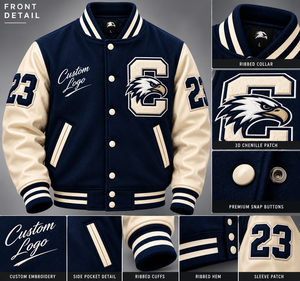 Chaqueta Varsity de Invierno para Hombre, con Cuello Alto, de Lana Azul Marino, con Logotipo Personalizado, Grabado en Relieve, OEM - Product Image 4